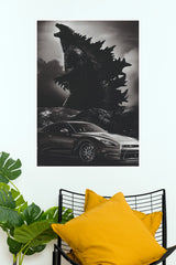 Godzilla and Nissan GT-R Black and White Wall Art Poster  (Car Posters)