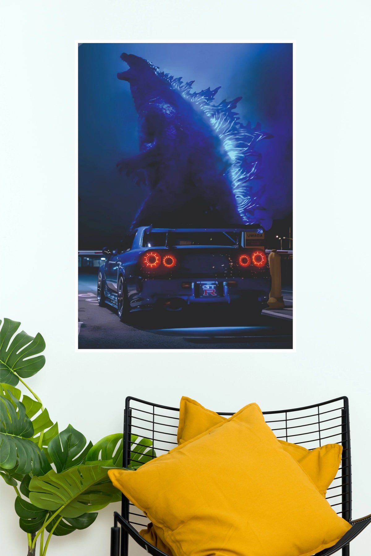 Godzilla and Nissan Skyline GT-R R34 Blue Neon Wall Art Poster  (Car Posters)