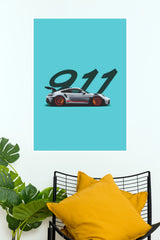 Porsche 911 GT3 Blue Minimalist Sports Car Wall Art Poster  (Car Posters)