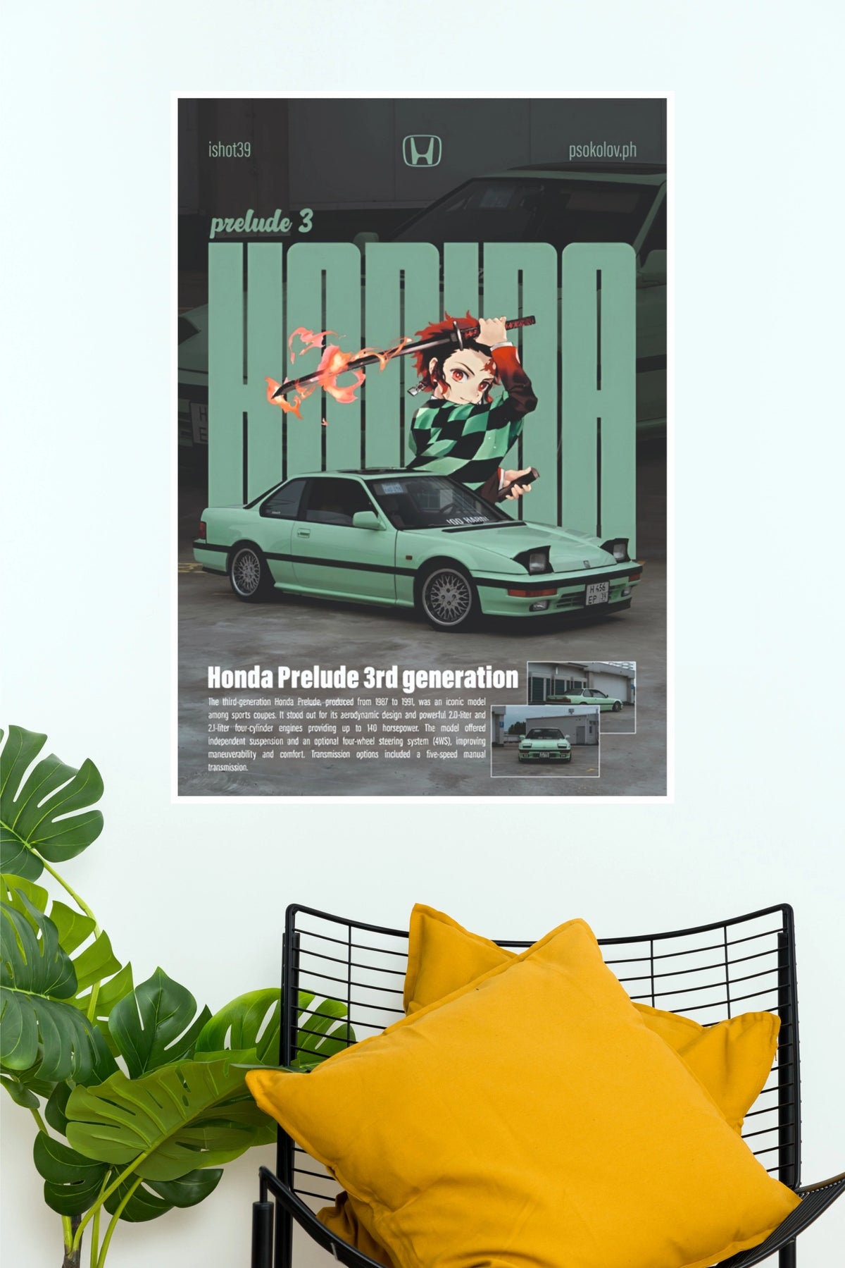 Honda Prelude 3rd Gen x Anime Mashup Poster – Mint Green JDM Car & Tanjiro Wall Art for Garage, Gamer Room & Bedroom Decor (Car Posters)