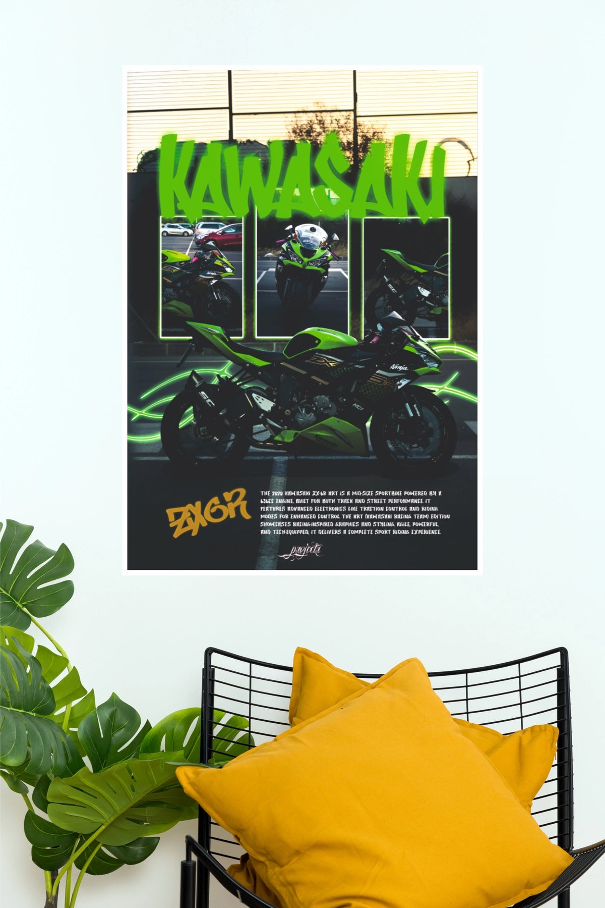 Kawasaki Ninja ZX-6R Sportbike Spec Sheet Poster – Lime Green Superbike Wall Art for Garage, Bedroom & Man Cave Decor (Car Posters)