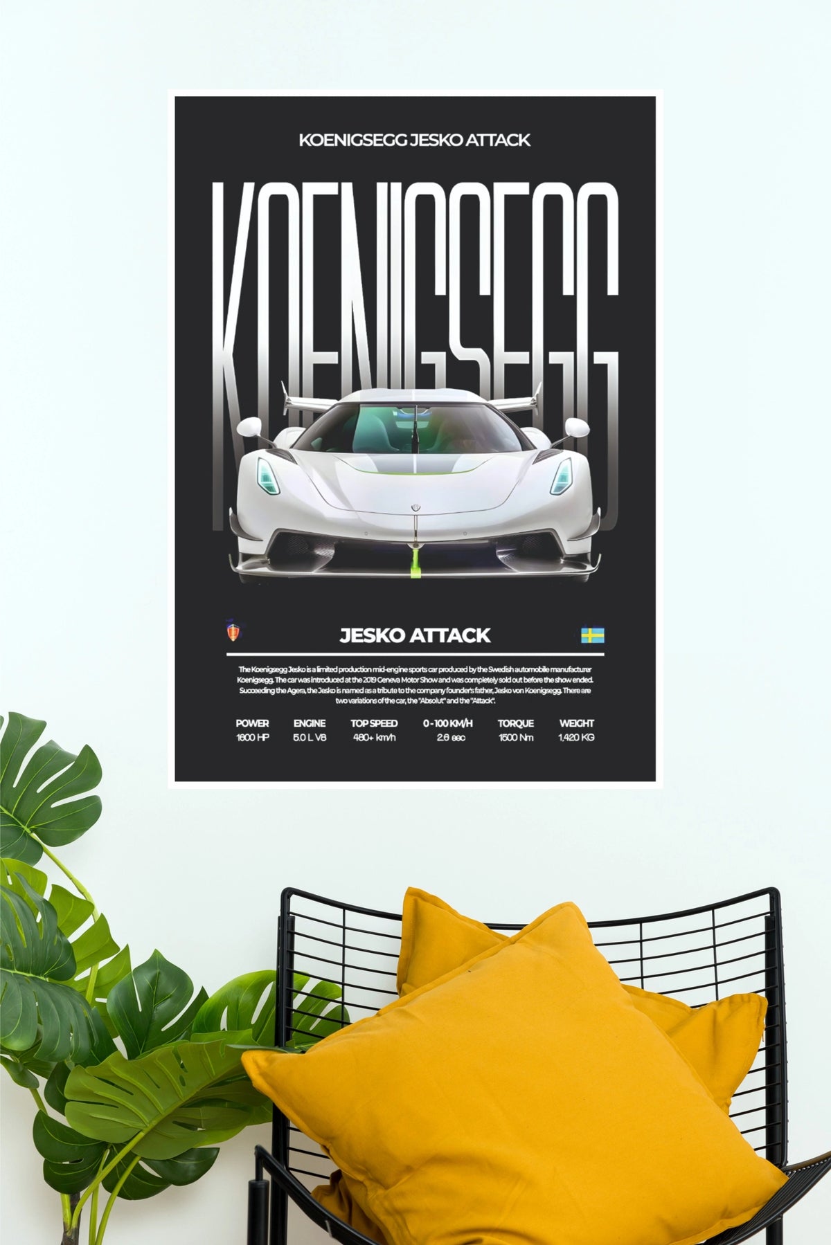 Koenigsegg Jesko Attack Hypercar Spec Sheet Poster – Swedish White Megacar Wall Art for Garage, Office & Man Cave Decor  (Car Posters)