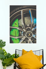 Lamborghini Alloy Wheel & Green Brake Caliper Close-Up Poster – Supercar Macro Photography Wall Art for Garage, Office & Man Cave Decor (Car Posters)