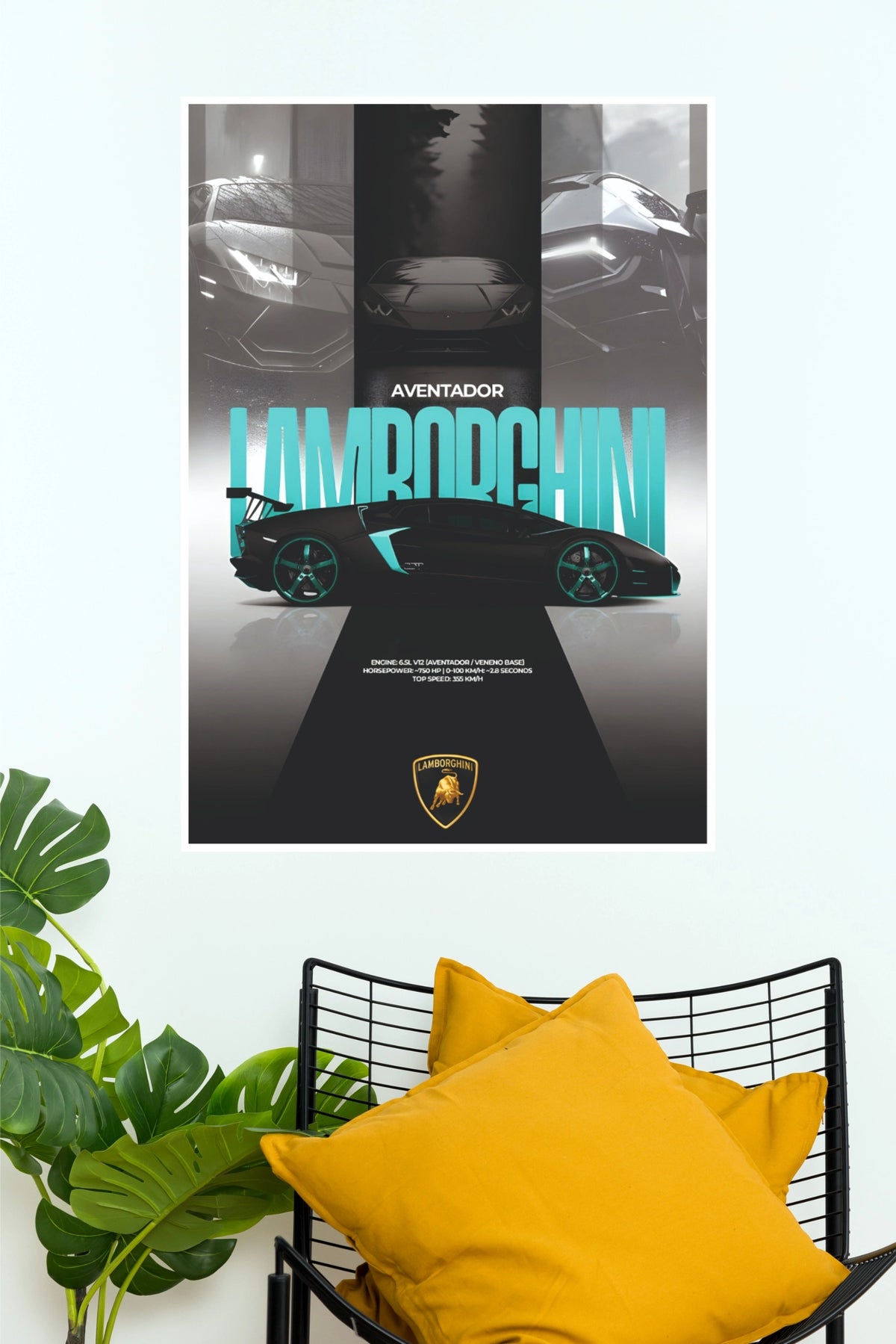 Lamborghini Aventador Teal Accent Supercar Poster – Matte Black V12 Spec Sheet Wall Art for Garage, Office & Man Cave Decor (Car Posters)