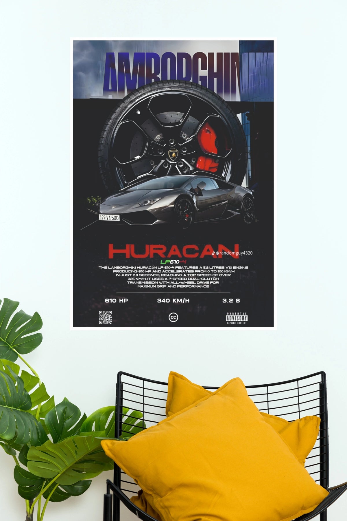 Lamborghini Huracán LP 610-4 Spec Sheet Poster – Dark Urban V10 Supercar Wall Art for Garage, Gamer Room & Man Cave Decor (Car Posters)