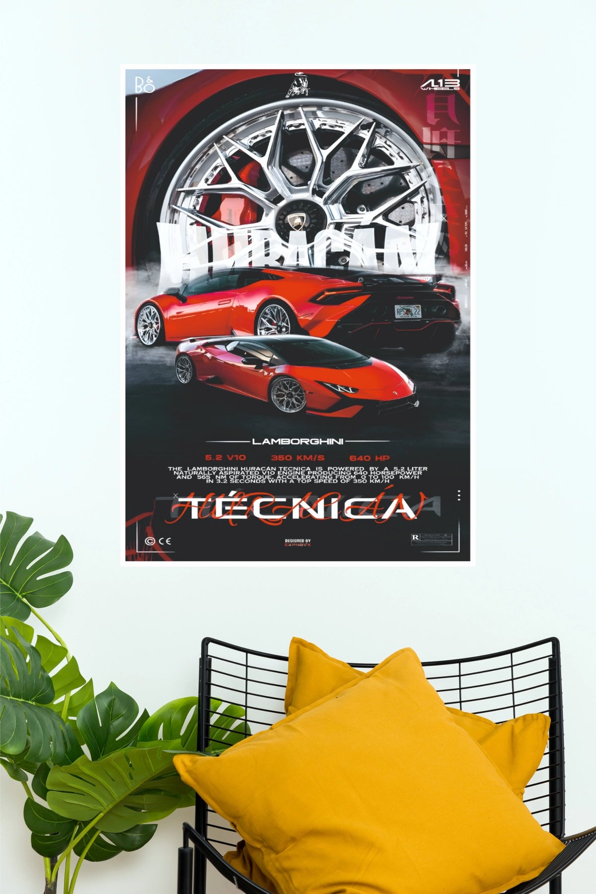 Lamborghini Huracan Tecnica Red Supercar Poster – Modern V10 Spec Sheet & Wheel Detail Wall Art for Garage, Gamer Room & Man Cave Decor (Car Posters)