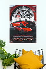 Lamborghini Huracan Tecnica Red Supercar Poster – Modern V10 Spec Sheet & Wheel Detail Wall Art for Garage, Gamer Room & Man Cave Decor (Car Posters)