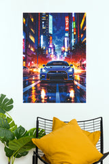 Nissan GT-R Cyberpunk Tokyo Neon Nights Poster – Blue R35 Sports Car Art for Gamer Room, Bedroom & Man Cave Decor (Car Posters)