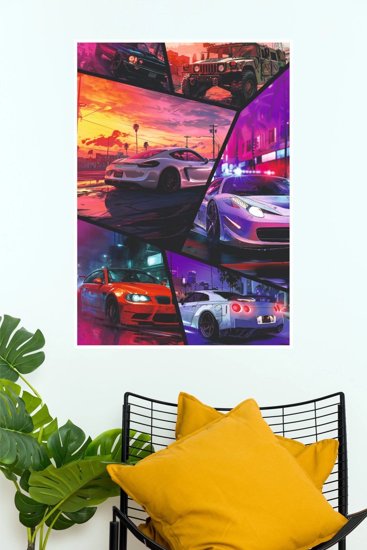 Multi-Car Supercar & Gaming Collage Poster – Comic Style Synthwave Automotive Wall Art for Gamer Room, Bedroom & Man Cave Decor (Car Posters)