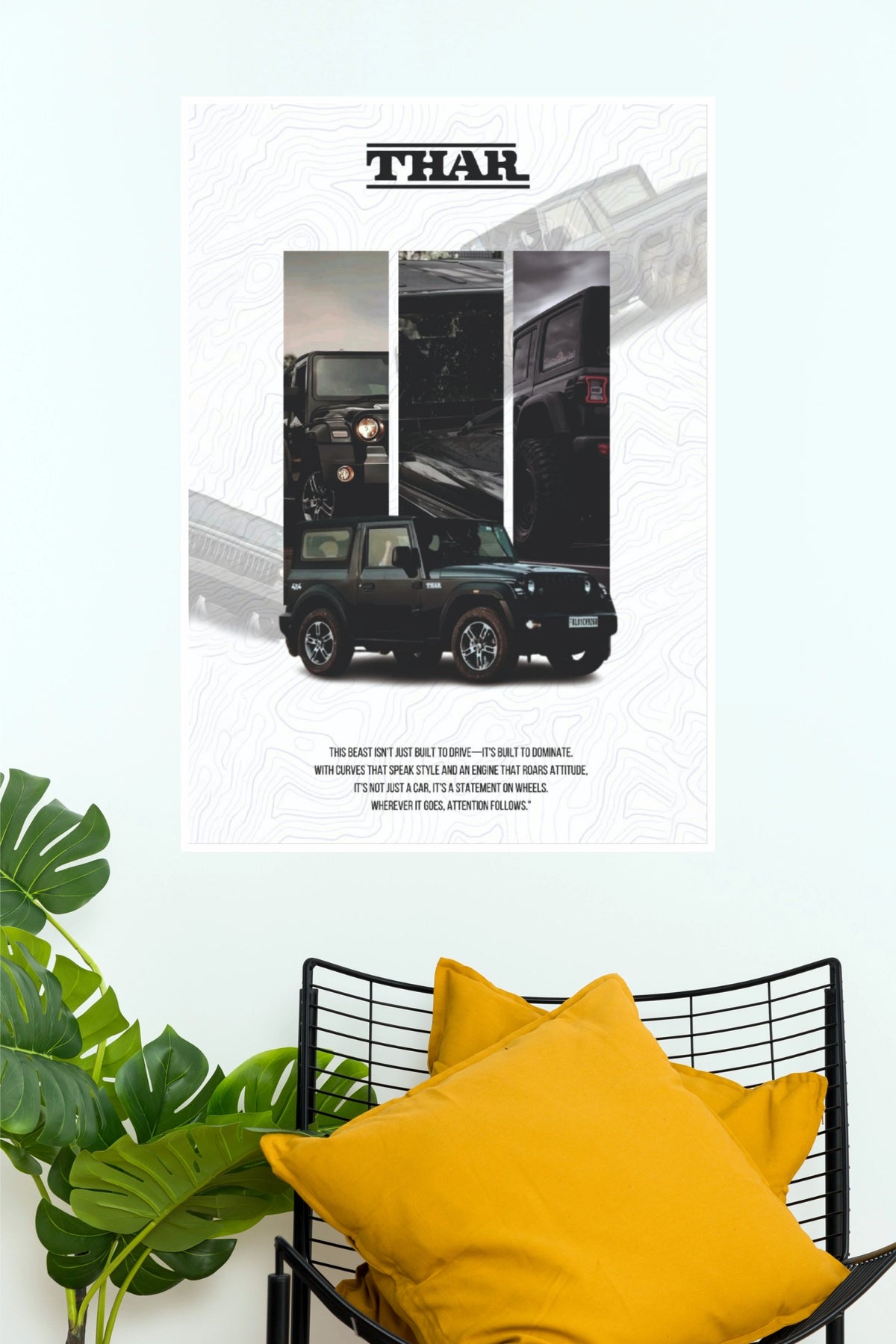 Mahindra Thar Off-Road 4x4 Topographic Poster – Minimalist Black SUV Wall Art for Cabin, Office & Man Cave Decor (Car Posters)