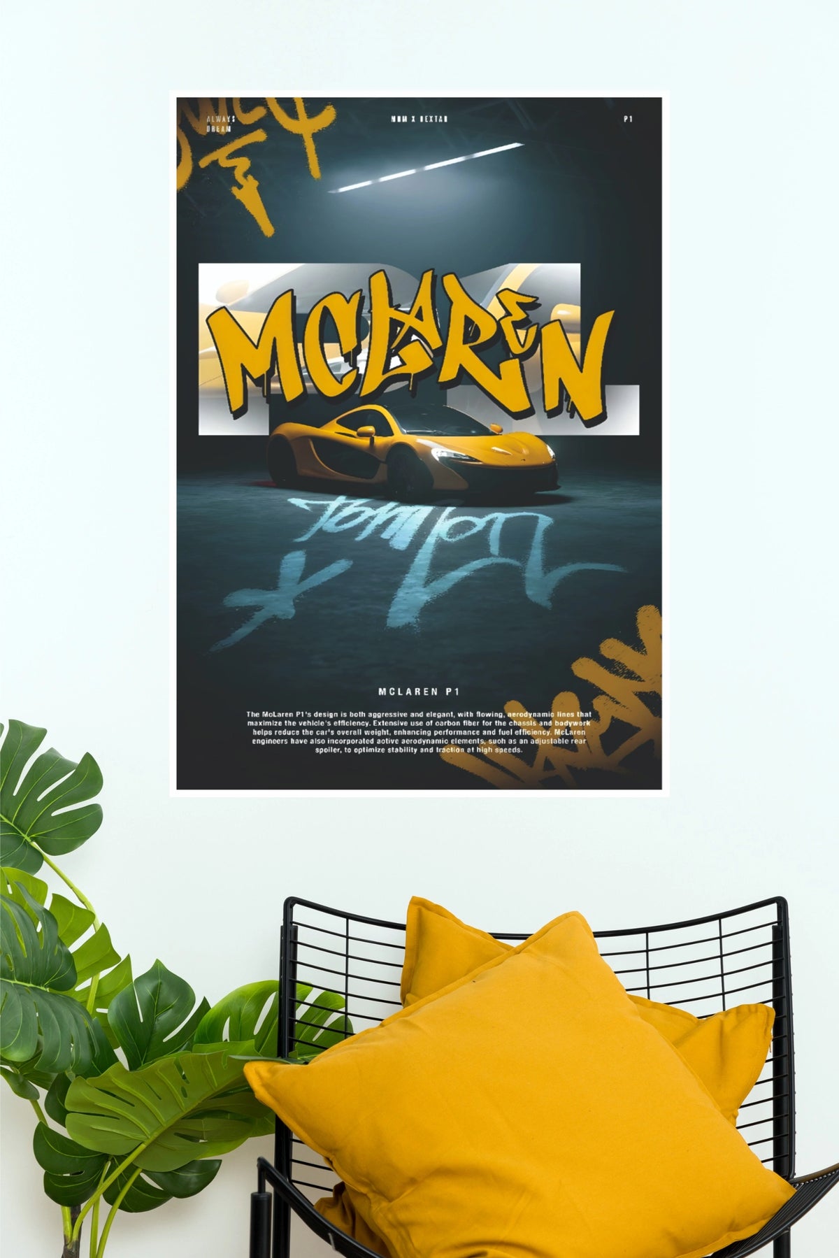 Yellow McLaren P1 Urban Graffiti Spec Sheet Poster – Modern Hypercar Street Art Print for Gamer Room, Bedroom & Man Cave Decor (Car Posters)