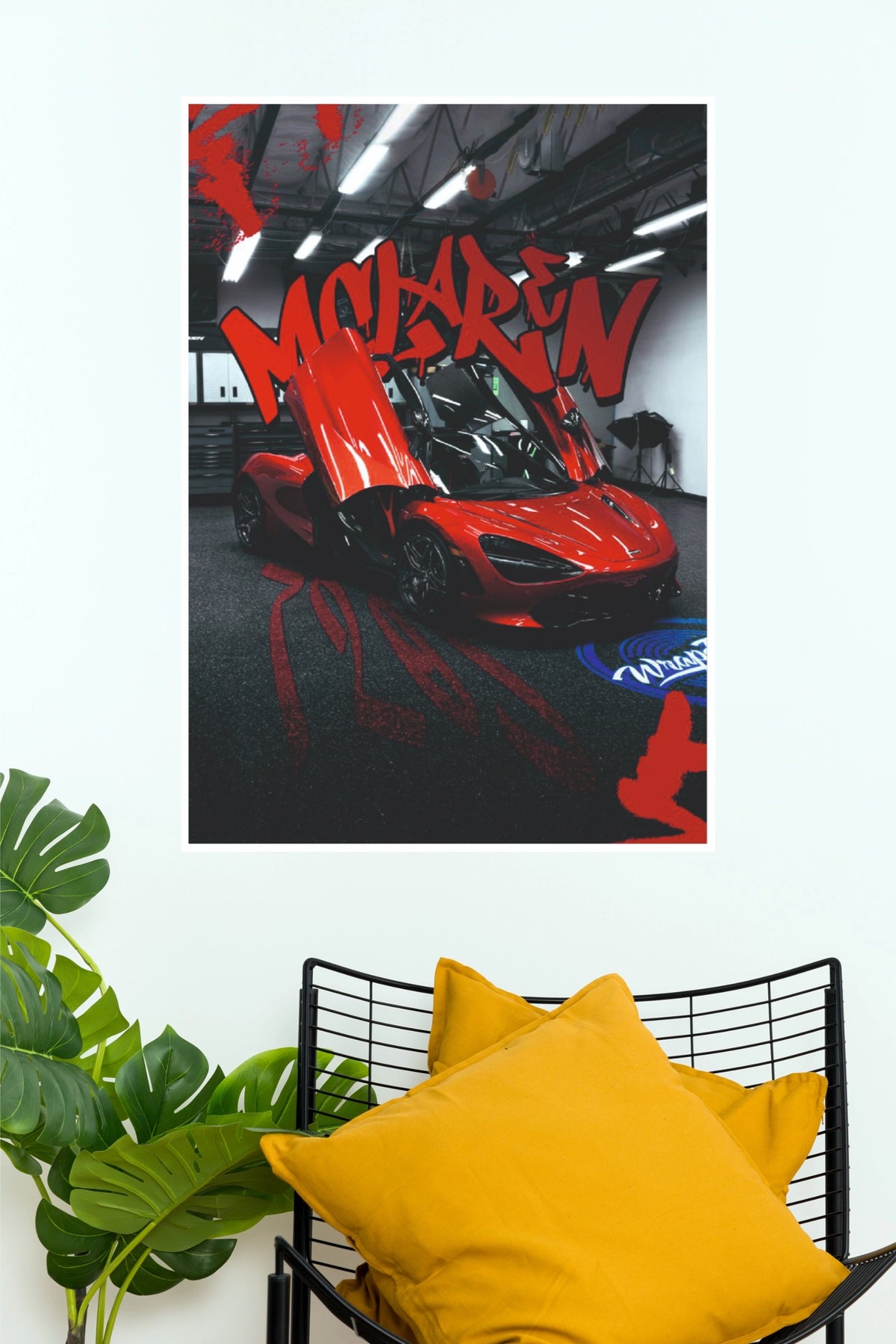 Red McLaren 720S Butterfly Doors Graffiti Poster – Modern Hypercar Workshop Wall Art for Gamer Room, Garage & Man Cave Decor (Car Posters)
