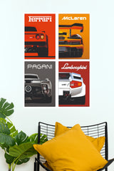 Exotic Supercar Grid Poster – Ferrari 288 GTO, McLaren Senna, Pagani Zonda & Lamborghini Countach Wall Art for Office, Gamer Room & Man Cave Decor  (Car Posters)