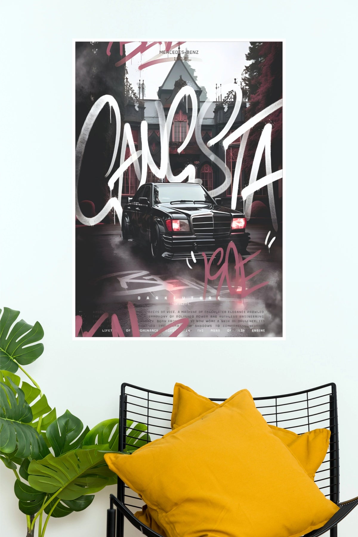 Mercedes-Benz 190E "Gangsta" Urban Graffiti Poster – Classic Modified German Sedan Wall Art for Gamer Room, Office & Man Cave Decor (Car Posters)