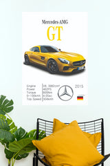 Yellow Mercedes-AMG GT 2015 Technical Spec Sheet Poster – Minimalist German Sports Car Wall Art for Office, Garage & Man Cave Decor (Car Posters)