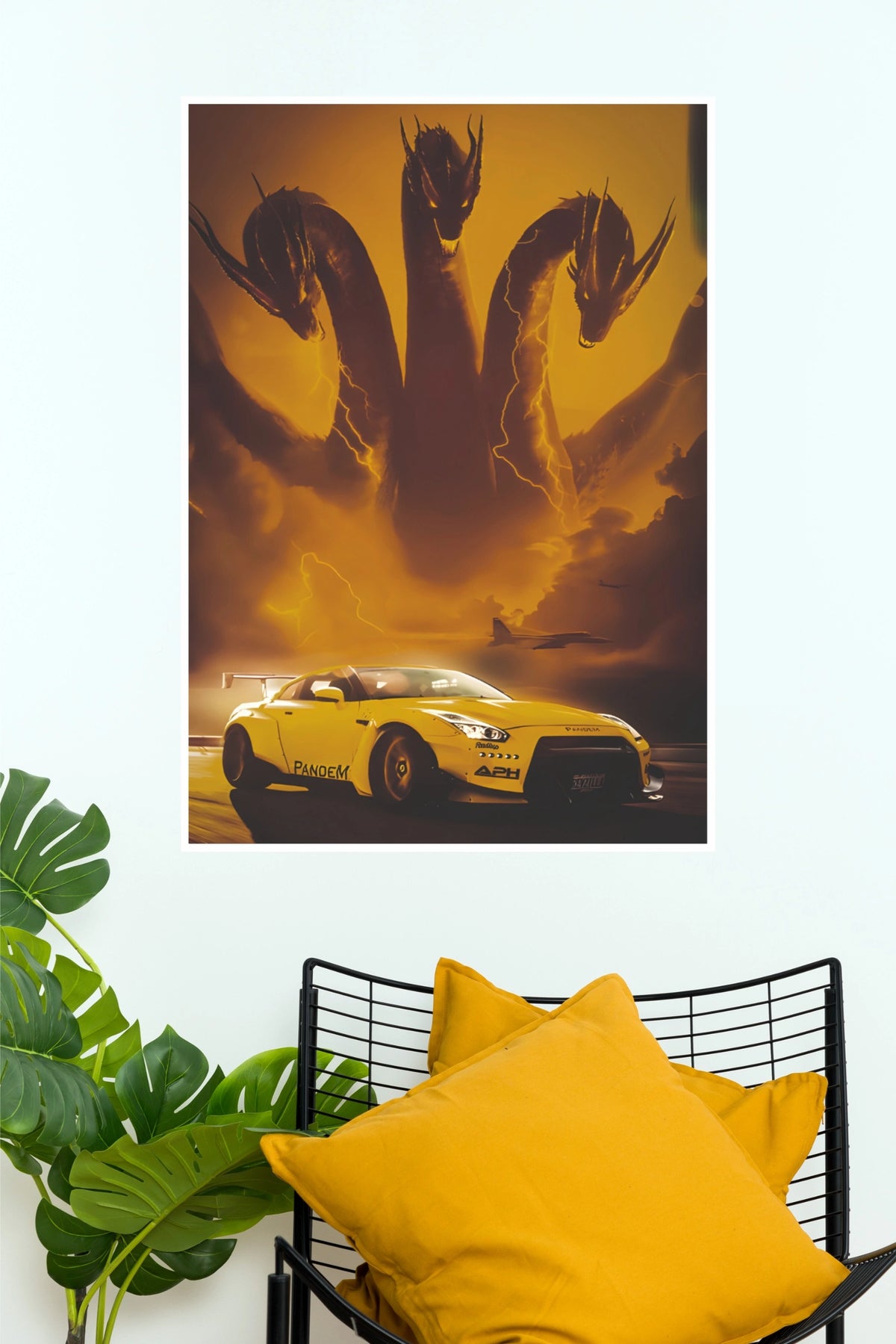 Yellow Nissan GT-R R35 Pandem King Ghidorah Mashup Poster – Japanese JDM Kaiju Monster Wall Art for Gamer Room, Bedroom & Man Cave Decor (Car Posters)