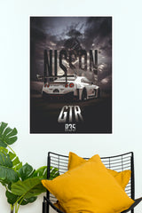 White Nissan GT-R R35 Samurai Dark Sky Poster – Japanese JDM Widebody Supercar Wall Art for Gamer Room, Bedroom & Man Cave Decor (Car Posters)