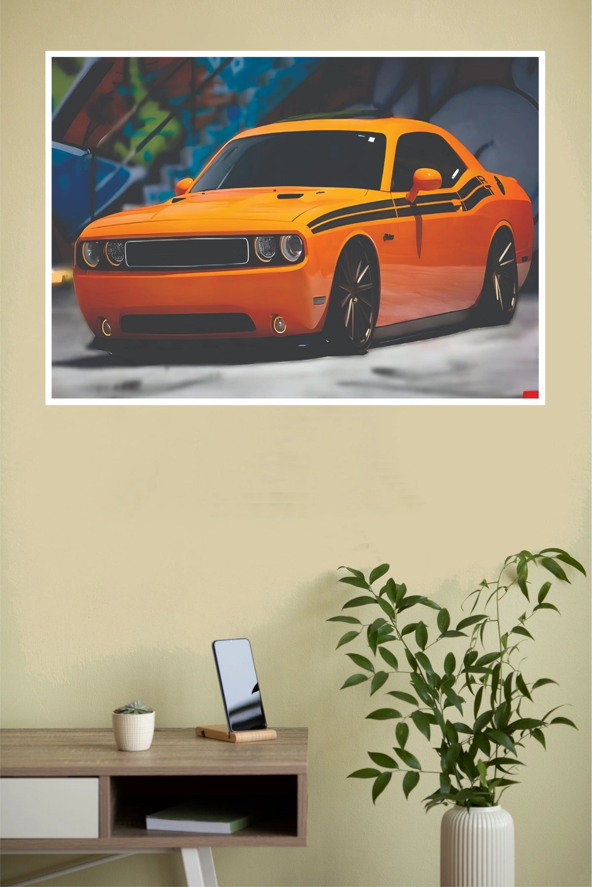 "Dodge Challenger R/T Go Mango" Urban Graffiti Wall Poster (Car Posters)