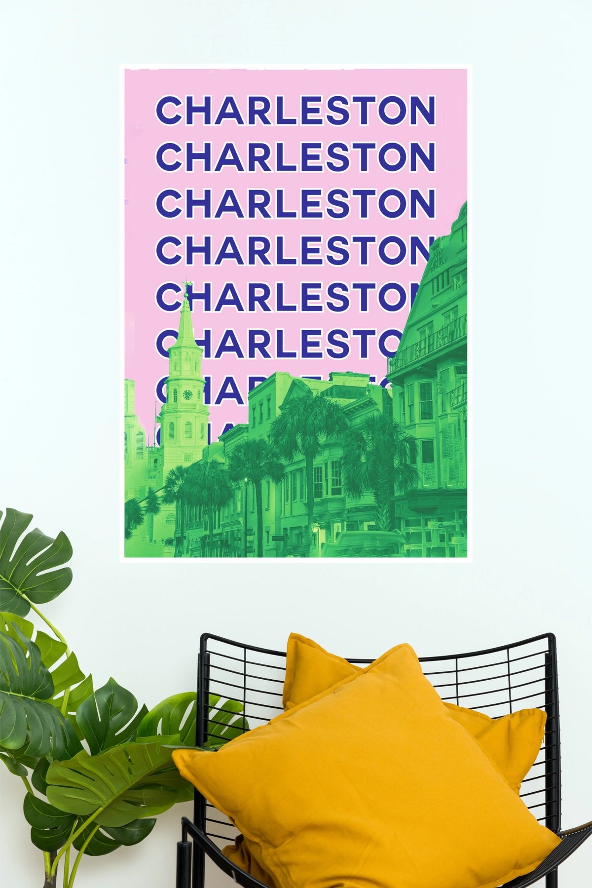 Retro Pink & Green Charleston Historic Cityscape Typographic Poster Print (5x7) (City Posters)