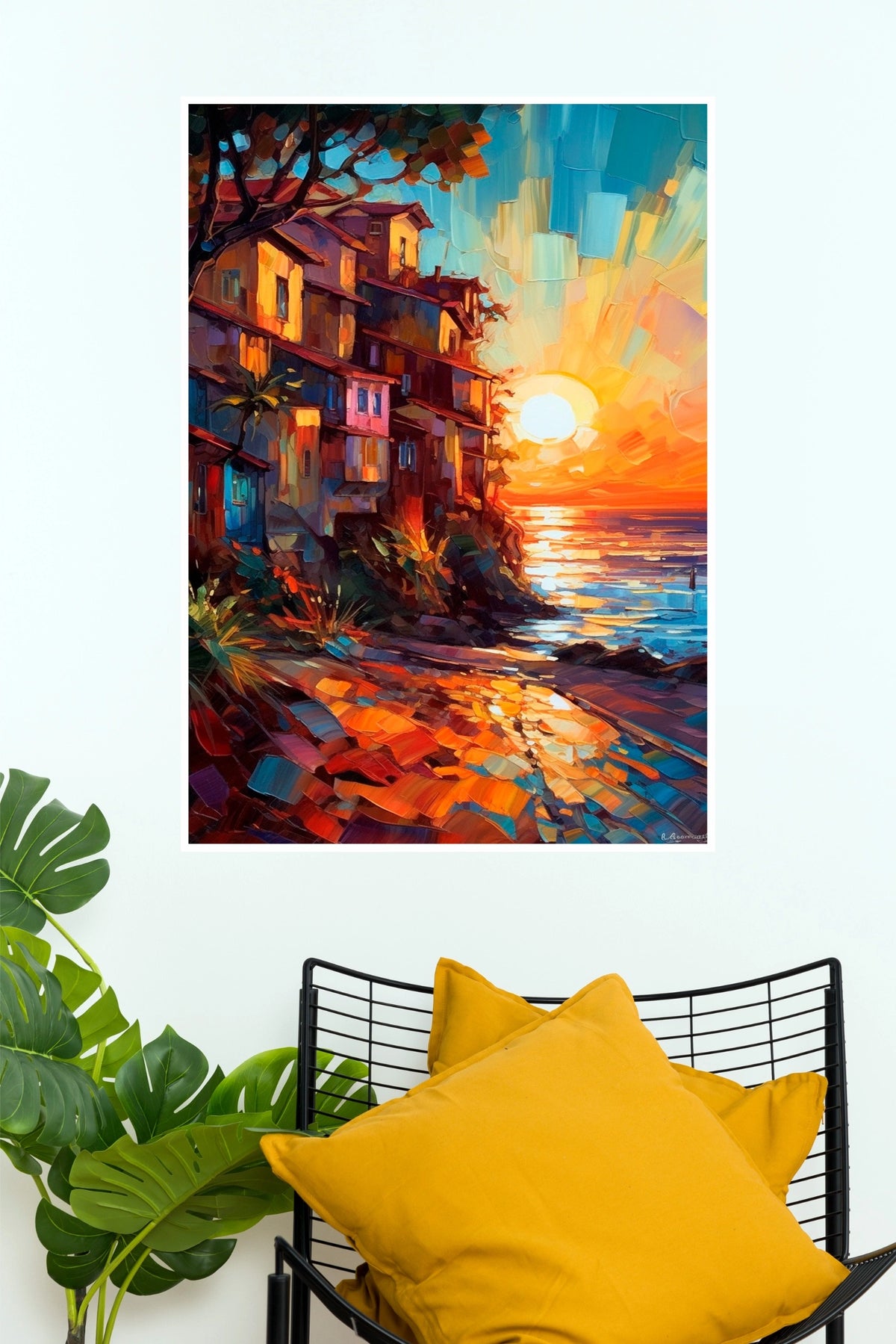 Coastal Village Sunset Oil Painting Style Paper Poster (City Posters)