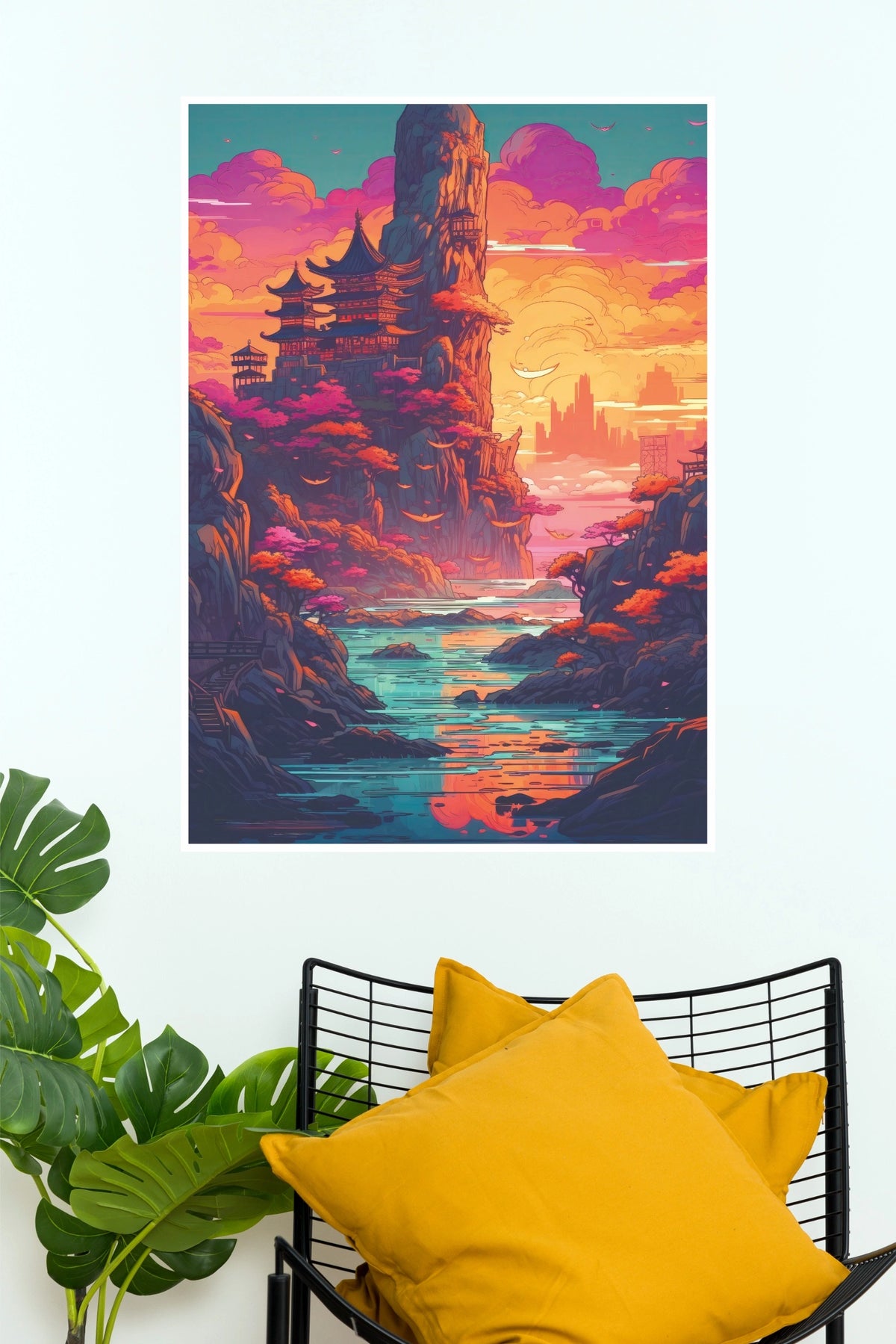 Fantasy Pagoda Mountain Landscape Illustrated Paper Poster  (City Posters)