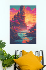 Fantasy Pagoda Mountain Landscape Illustrated Paper Poster  (City Posters)