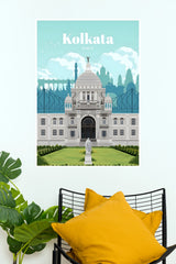 Kolkata Victoria Memorial & Howrah Bridge Vintage Travel Paper Poster (City Posters)