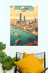 Lagos Nigeria Skyline & Waterfront Vintage Travel Paper Poster  (City Posters)