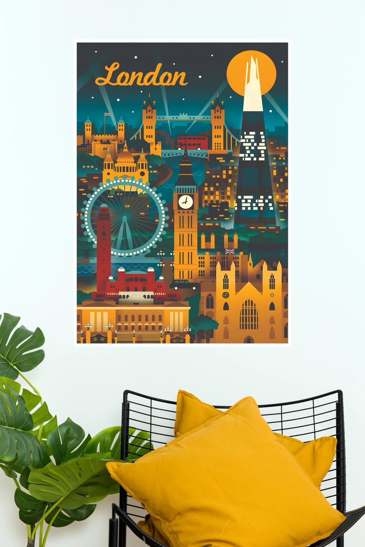London Night Skyline Landmarks & Shard Vintage Travel Paper Poster  (Music Posters)
