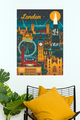 London Night Skyline Landmarks & Shard Vintage Travel Paper Poster  (Music Posters)