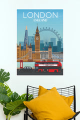London England Waterfront Skyline & Black Cab Vintage Travel Paper Poster (City Posters)