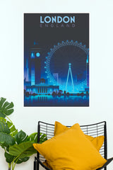 London England Eye & Big Ben Blue Night Skyline Travel Paper Poster (City Posters)