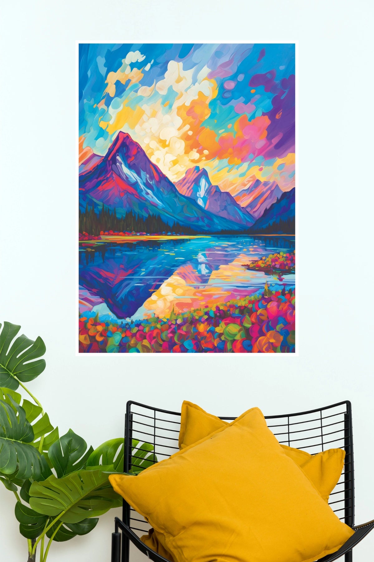 Pink Lake and Mountain Wildflowers Landscape Art Poster  (City Posters)