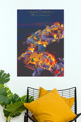 Santorini Beautiful Seaside Town Night Vintage Travel Poster (City Posters)
