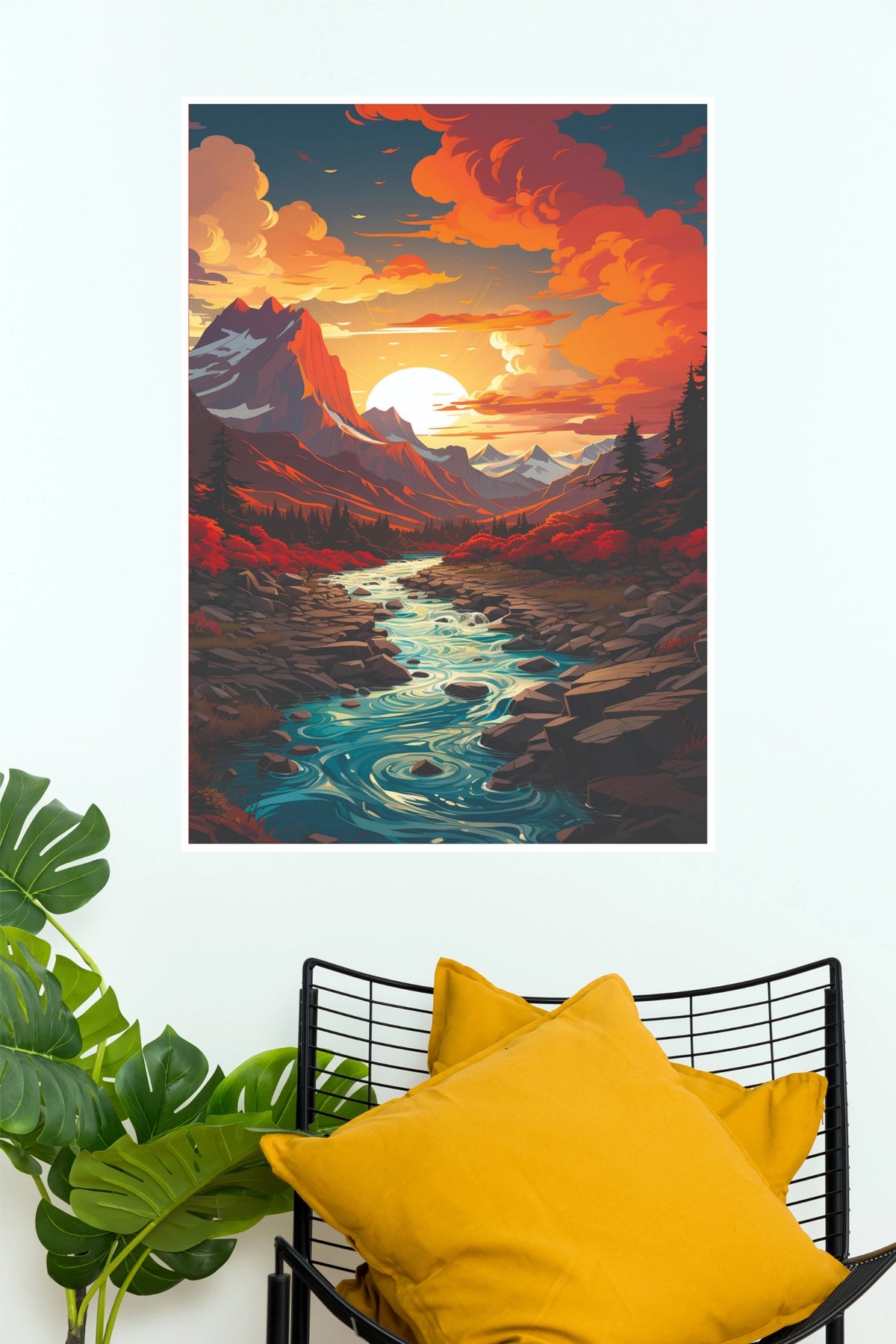 Sunset Mountains River Landscape Art Poster (City Posters)