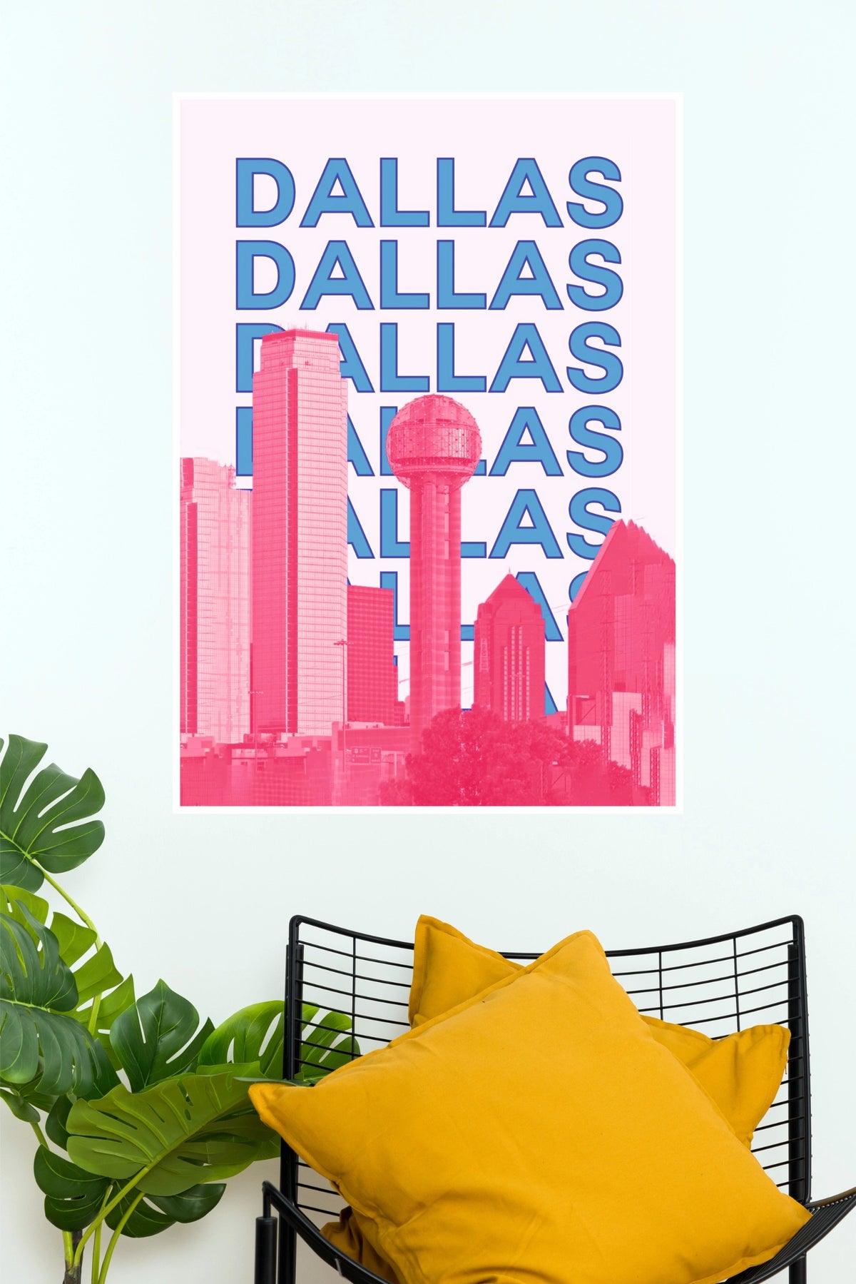 Retro Pink & Blue Dallas Skyline Typographic Paper Poster Print (5x7) (City Posters)
