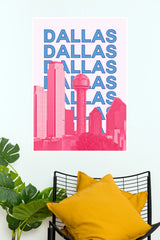 Retro Pink & Blue Dallas Skyline Typographic Paper Poster Print (5x7) (City Posters)