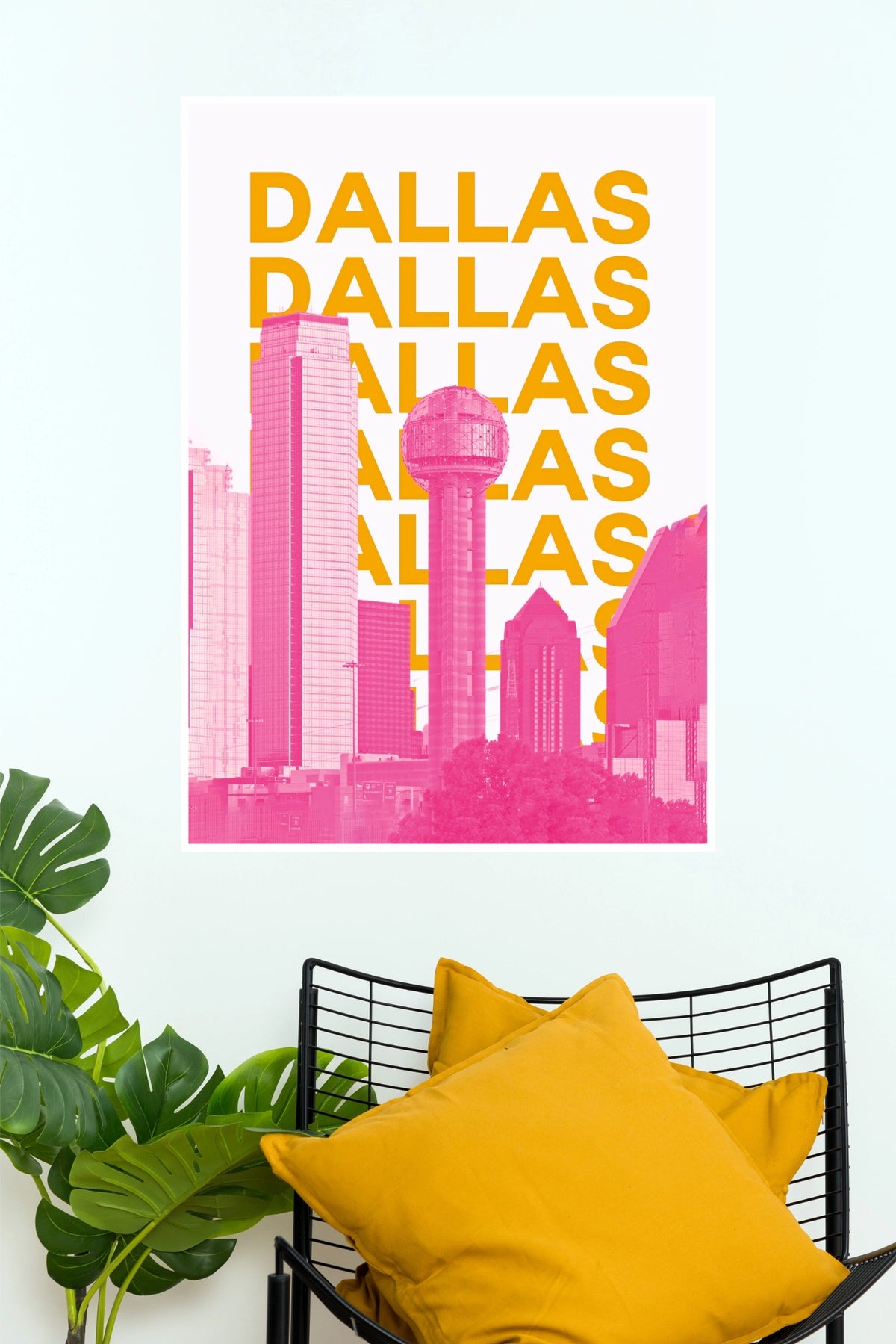 Retro Pink & Yellow Dallas Skyline Typographic Paper Poster Print (5x7)  (City Posters)