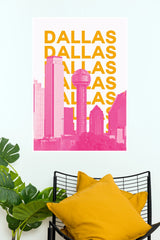 Retro Pink & Yellow Dallas Skyline Typographic Paper Poster Print (5x7)  (City Posters)