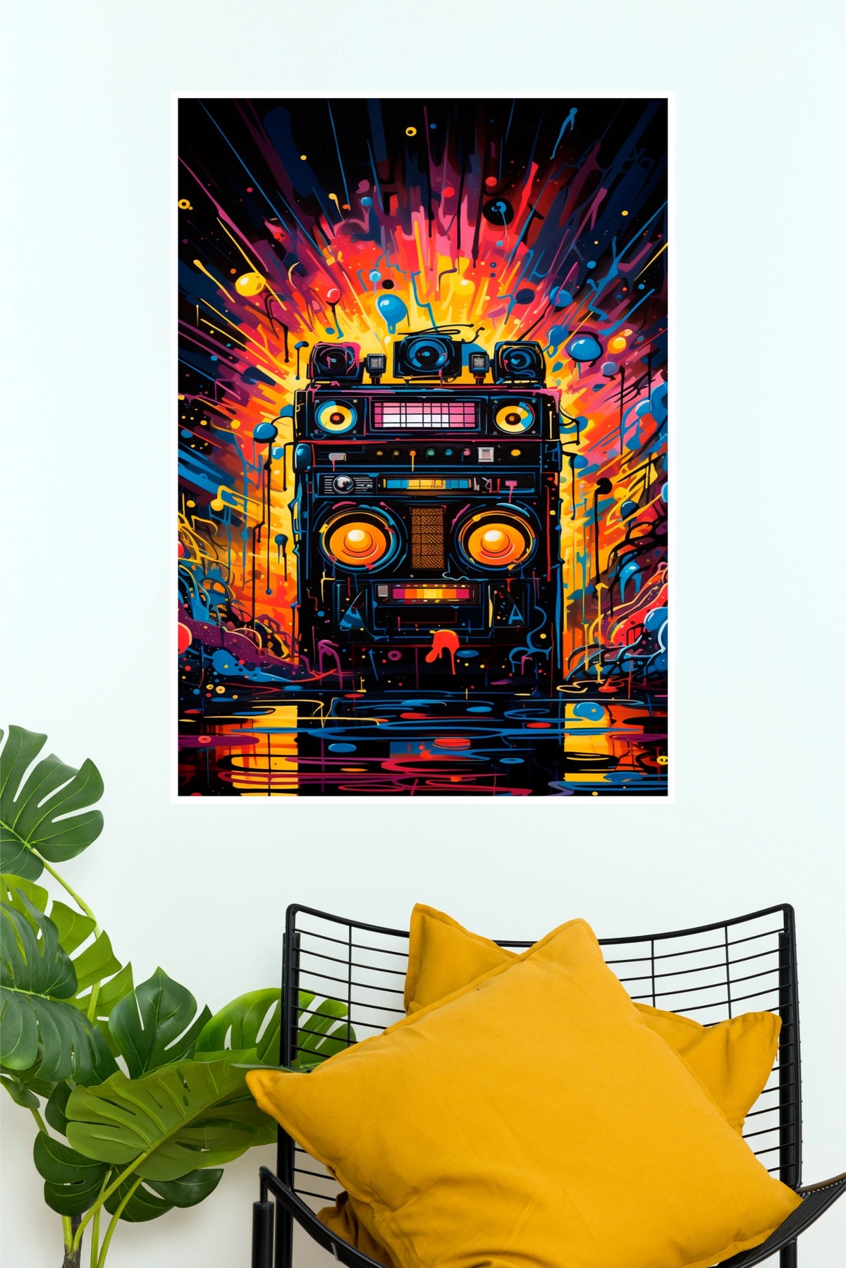 Colorful Retro Boombox Explosion Poster - Vibrant Neon Graffiti Music Wall Art Print  (Music Posters)