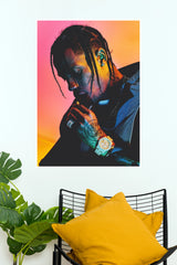 Travis Scott Neon Portrait Art Poster - Cactus Jack Hip-Hop Rapper Wall Print  (Music Posters)