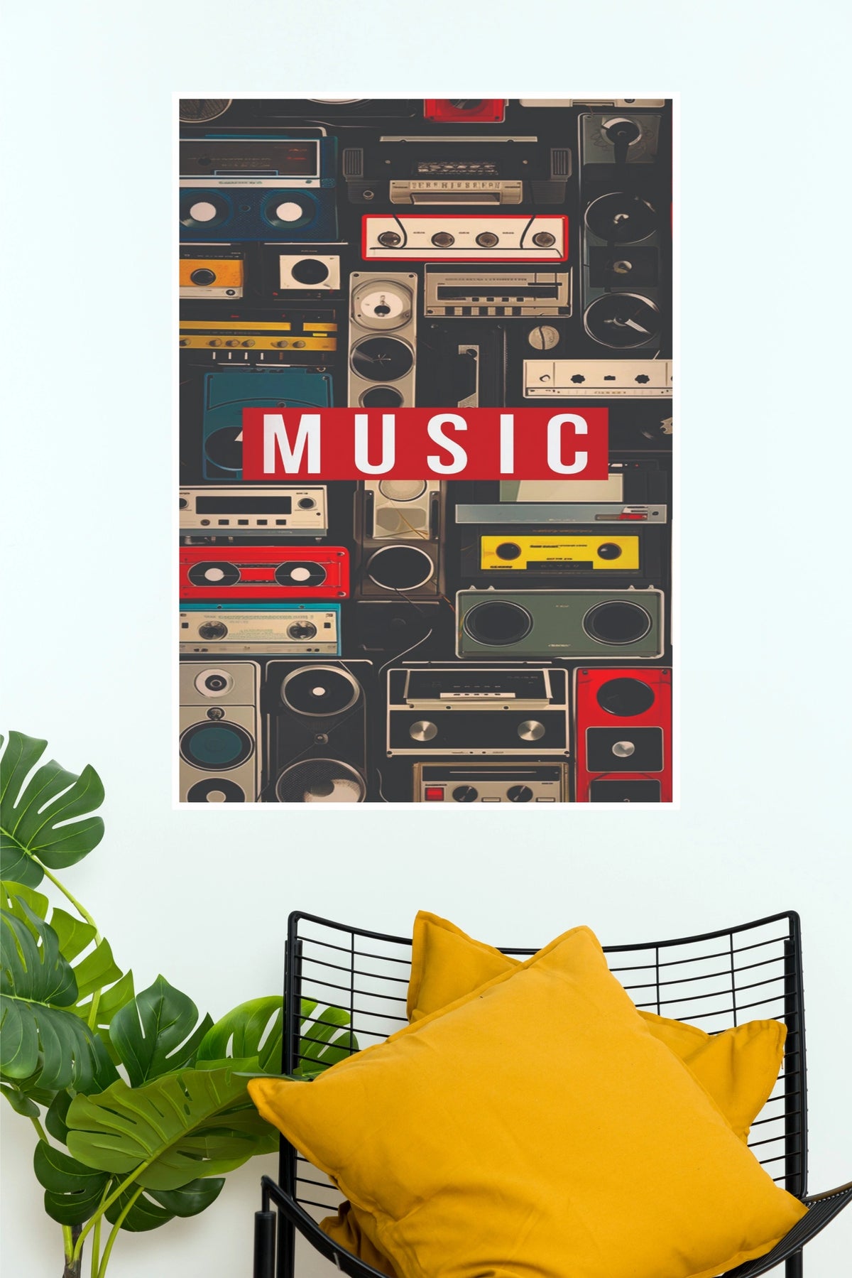 Vintage Radios and Cassette Tapes Music Red Banner Poster (Music Posters)