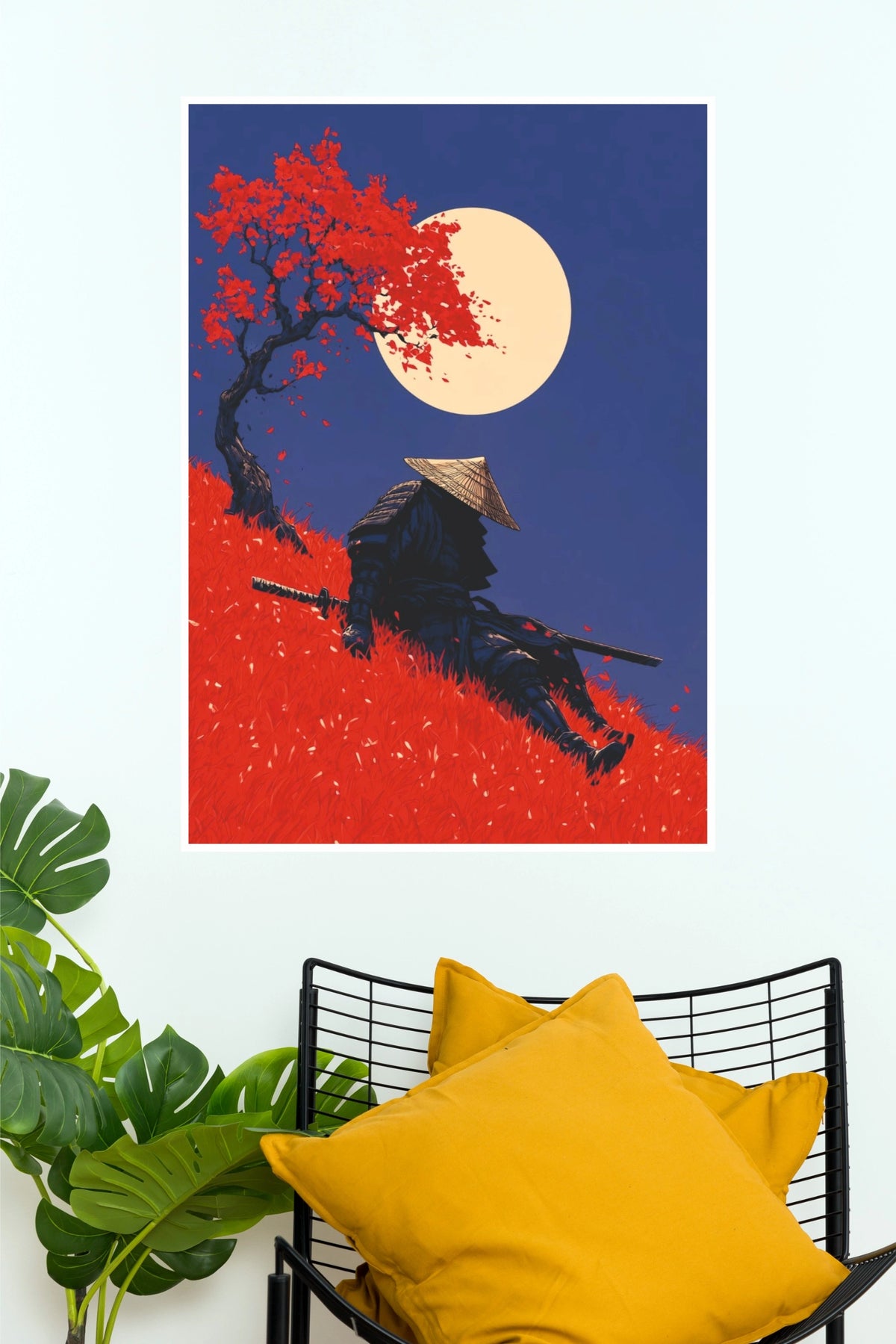 Armor of Solitude Samurai Warrior Red Tree and Moon Wall Art Paper Poster  (Samurai Warrior Posters)