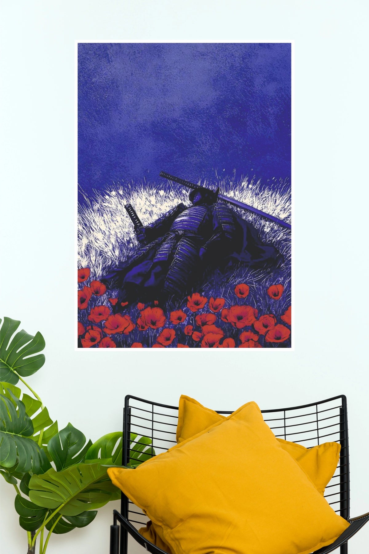 Bound by Code Samurai Warrior Blue and Red Flowers Wall Art Paper Poster   (Samurai Warrior Posters)