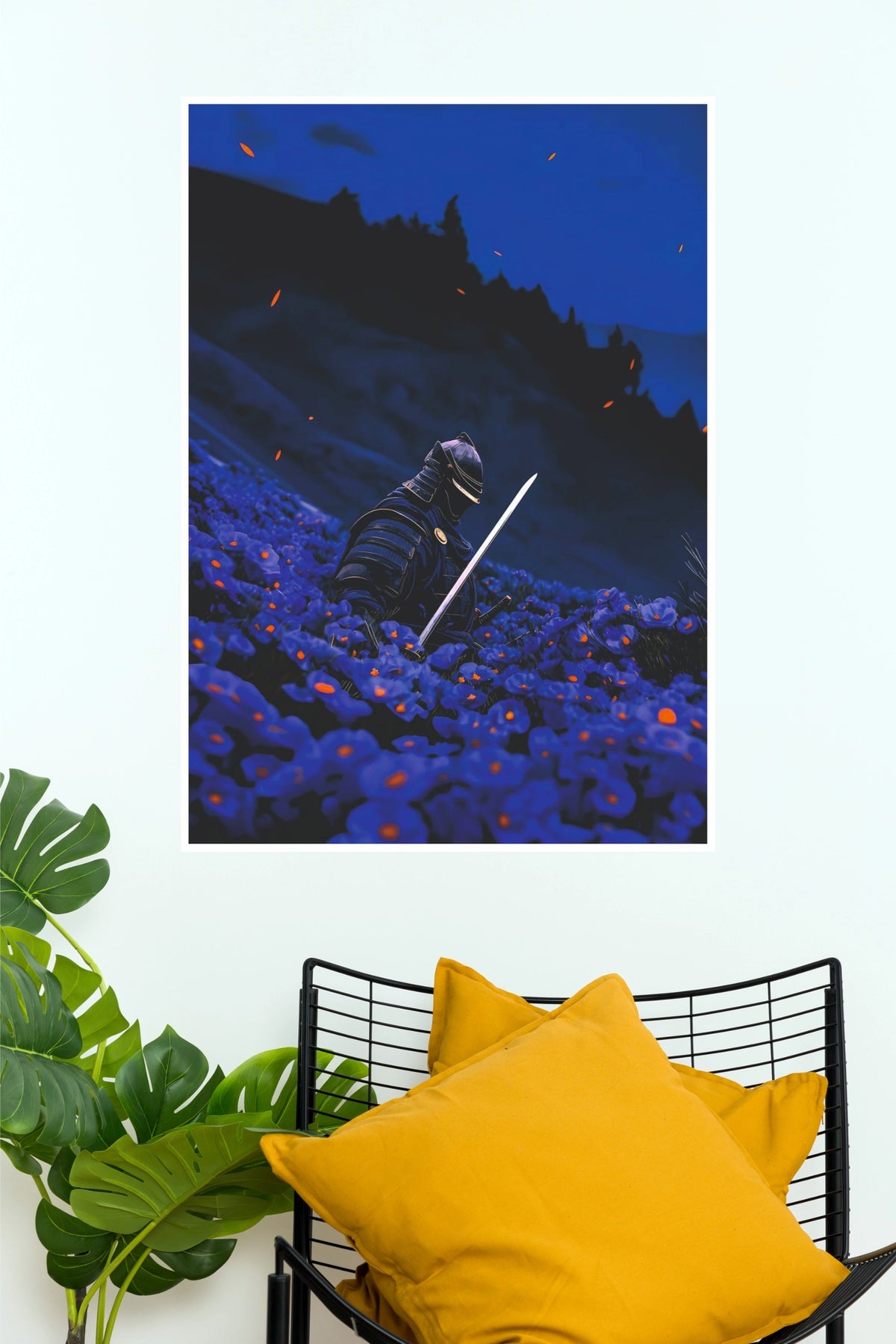 Burden of Honor Samurai Warrior Blue Floral Night Wall Art Paper Poster  (Samurai Warrior Posters)