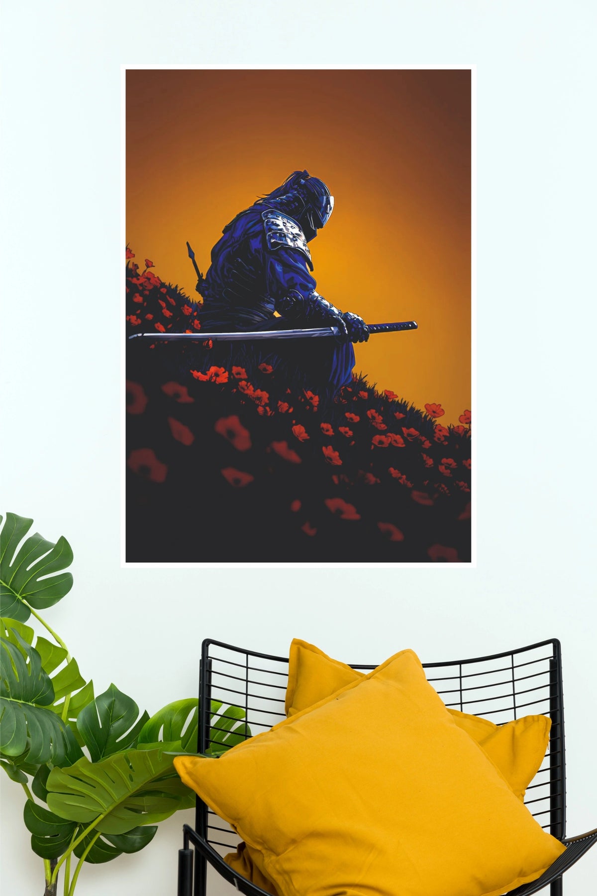 Cerulean Shade Samurai Warrior Blue Armor Red Flowers Wall Art Paper Poster (Samurai Warrior Posters)