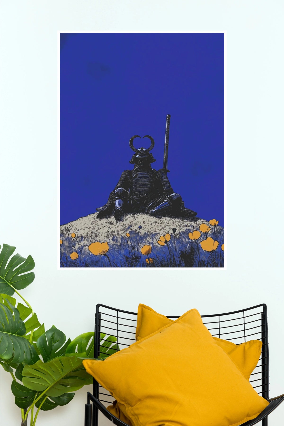 Code of the Fallen Samurai Seated Warrior Yellow Flowers Wall Art Paper Poster   (Samurai Warrior Posters)