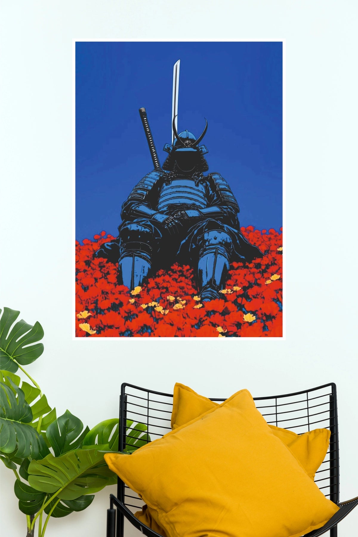Samurai Seated Warrior Red Flowers Wall Art Paper Poster  (Samurai Warrior Posters)