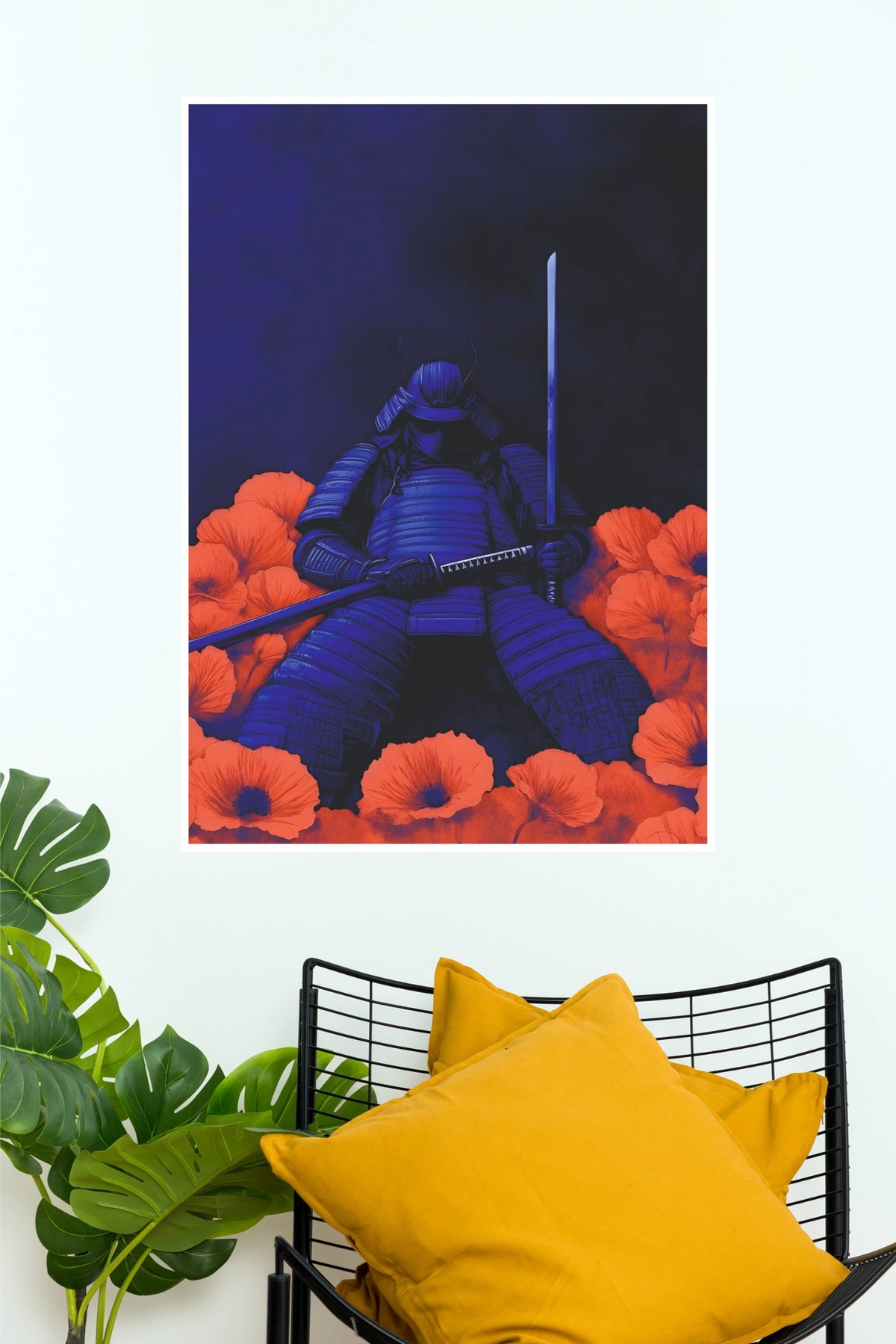 Seated in Resolve Samurai Warrior Red Flowers Wall Art Paper Poster   (Samurai Warrior Posters)