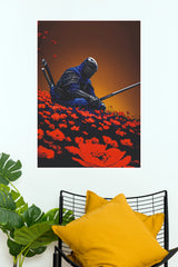 Spirit of the Mountain Samurai Warrior Red Flowers Wall Art Paper Poster (Samurai Warrior Posters)
